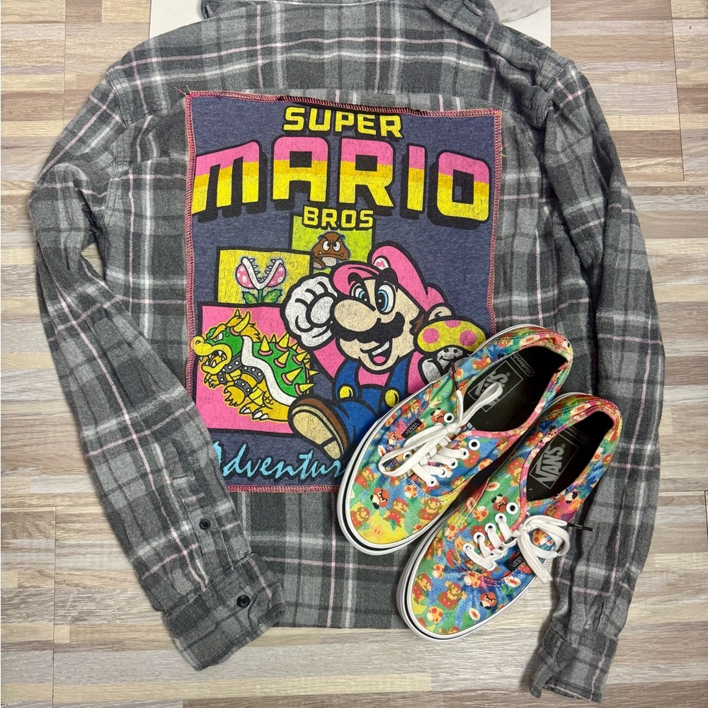 April 25th Flannels – Super Mario Bros Upcycled Plaid Flannel | Unisex M